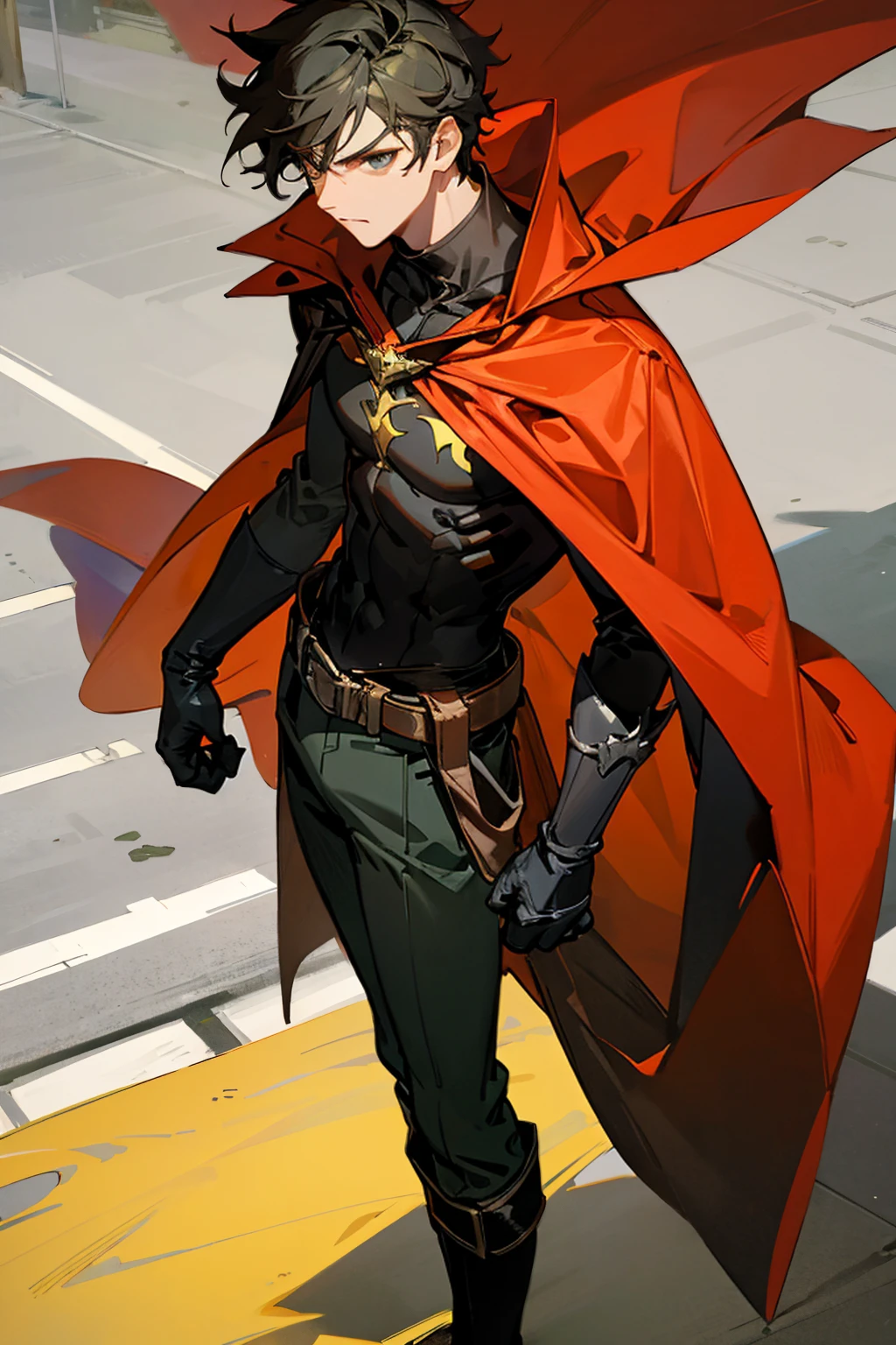 1male , Young Male , Red and Yellow T-Shirt with black fitted long sleeves under , Black Gloves, Green Boots , Robin Symbol on Shirt , Black and Cape , Black Hero mask , Messy Hair , Serious Expression , Standing on sidewalk