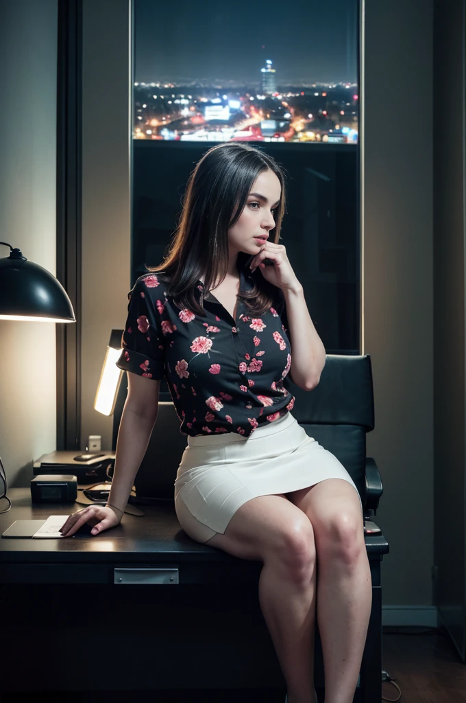 (masterpiece),  office girl, sexy, posterior,( black floral buttoned shirt )and (( white skirt)),natural light, photorealistic, cameltoe, diffused light, depth of field, steam, (lift skirt), (office), lifelike, front view sexy legs, masterpiece, sitting infront of a computer, working, (((((lights off, at night, dark office, dark room)))))