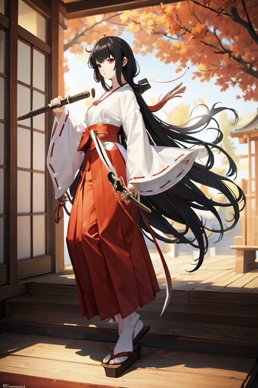 Shrine maiden，Black Hair，long hair，beautiful girl，Japanese、伝統的なShrine maiden服、No background、Full body portrait、anime、Holding a wooden sword、Black innerwear、