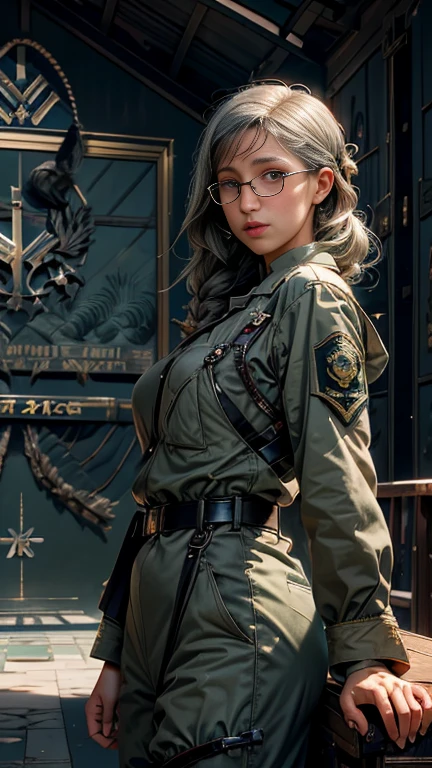 (solo focus:1.4), (female with 50 years old appearance), (mature women), (grey hair, curly hair, medium hair), (((white skin))), (bulky and buff), perfect hands, smooth face, smooth long hair, perfect skin, (wearing dark green general uniform:1.4), makeup, (32k Wallpaper), HD, Ultra Quality Hair, Ultra Quality Face, Ultra Quality Image, Cinematic lights, detailed eyes, medium shots, proportional fingers, detailed hands, (Military Hall background:1.8), looking at viewer, close smile　masterpiece, best quality,1girl, solo, realistic, upper_body, looking_at_viewer, futuristic woman　(masterpiece), best quality, night bedroom, pale pink bra, bashful, blush, indoors, dress shirt, bra open shirt, from below, pov, low angle, mari ohara bigass bighip、FUCK　FUCKOFF　SEXY(((masterpiece))), (((best quality))), ((ultra-detailed)), (illustration), (detailed light), ((an extremely delicate and beautiful)), (beautiful detailed eyes), (sunlight), blush, shy, gigantic breasts, uzaki, outdoors, dynamic pose, naked overalls bare shoulders bigass bighip、FUCK　FUCKOFF　SEXYroupa modesta, tiro remoto, Detalhe bonito rosto delicado, Olhos delicados bonitos detalhados, perfect facial proportions, High definition skin, pele fina, best four inch aspect ratio. Com um polegar, uma obra-prima, altamente detalhado, Realistic, (German World War II general uniform reference : 1.8), the highest facial resolution, , mulher modestamente vestida, vestido inteiramente, ( pequeno, cabelos pretos, black franja reta, super thin braids, franja reta, Red glasses, olho verde escuro, science fiction, Fighter aircraft, standing On the landing of a Fighter aircraft, the agency, uma personalidade profundamente inteligente, A calm expression, um rosto respeitoso, uma guerra, a Fighter aircraft