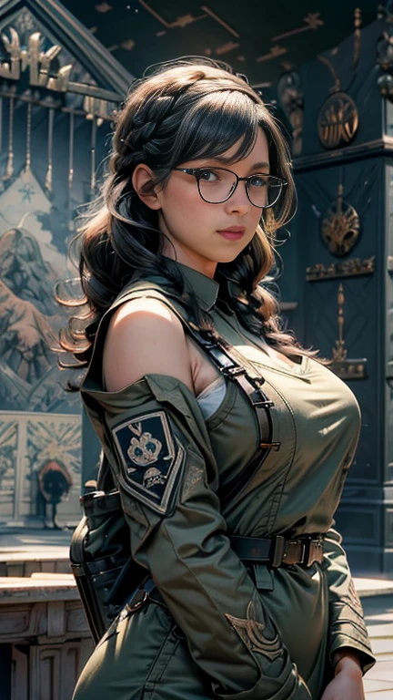 (solo focus:1.4), (female with 50 years old appearance), (mature women), (grey hair, curly hair, medium hair), (((white skin))), (bulky and buff), perfect hands, smooth face, smooth long hair, perfect skin, (wearing dark green general uniform:1.4), makeup, (32k Wallpaper), HD, Ultra Quality Hair, Ultra Quality Face, Ultra Quality Image, Cinematic lights, detailed eyes, medium shots, proportional fingers, detailed hands, (Military Hall background:1.8), looking at viewer, close smile　masterpiece, best quality,1girl, solo, realistic, upper_body, looking_at_viewer, futuristic woman　(masterpiece), best quality, night bedroom, pale pink bra, bashful, blush, indoors, dress shirt, bra open shirt, from below, pov, low angle, mari ohara bigass bighip、FUCK　FUCKOFF　SEXY(((masterpiece))), (((best quality))), ((ultra-detailed)), (illustration), (detailed light), ((an extremely delicate and beautiful)), (beautiful detailed eyes), (sunlight), blush, shy, gigantic breasts, uzaki, outdoors, dynamic pose, naked overalls bare shoulders bigass bighip、FUCK　FUCKOFF　SEXYroupa modesta, tiro remoto, Detalhe bonito rosto delicado, Olhos delicados bonitos detalhados, perfect facial proportions, High definition skin, pele fina, best four inch aspect ratio. Com um polegar, uma obra-prima, altamente detalhado, Realistic, (German World War II general uniform reference : 1.8), the highest facial resolution, , mulher modestamente vestida, vestido inteiramente, ( pequeno, cabelos pretos, black franja reta, super thin braids, franja reta, Red glasses, olho verde escuro, science fiction, Fighter aircraft, standing On the landing of a Fighter aircraft, the agency, uma personalidade profundamente inteligente, A calm expression, um rosto respeitoso, uma guerra, a Fighter aircraft