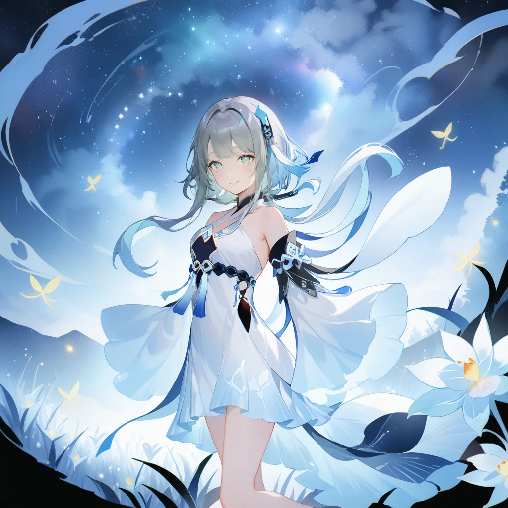 score_9, score_8_up, score_7_up, score_6_up,1girl, guizhong_\(genshin_impact\),(grey hair),short_hair_with_long_locks in front and low ponytail in back,gradient_hair,(pale grey eyes with seafoam gradient),starry_sky_print,detached_sleeves white outside blue starry inside, hands completely hidden by long sleeves,stunning field of softly glowing cerulean and white glaze lilies,night scene,gentle smile,face focus, eye focus,ladyshadow,moonlight,glossy lips,vivid anime coloring,cel shading,smooth, soft dreamy focus,anklet,halter_top,white clothes,highly detailed,digital painting,bare_shoulders,barefoot,cool night tones, magical night scene,geo crystalflies,professional,anemo colored fireflies,nebula of stardust and silvery vapor,harmonious blend of nature and art,transcendent beauty,awe-inspiring artwork,(best quality,4k,8k,highres,masterpiece:1.2),yunamaro,carnelian,dsmile,cosmic stardust,guizhong, guizhong's def clothes, 1girl, long hair, blue eyes, barefoot, guizhong's dress, hair ornament, chinese clothes, sleeves past fingers,