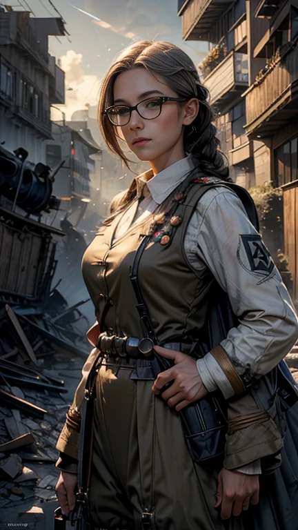 masterpiece, best quality, high resolution, rich details, 8k, extreme light and shadow, image of a beautiful young girl wearing tactical gear, holding a AK47 with two hand, walking down a desolated street in a collapsed city, post apocalypse, smoke and fog in the air, BREAK yellow gray sky covered with toxic cloud, collapsed building, broken street, tall body, detailed face, detailed eye, cold face, dirty, (post apocalypse theme),
night、Street after the rain　(masterpiece), best quality, night bedroom, pale pink bra, bashful, blush, indoors, dress shirt, bra open shirt, from below, pov, low angle, mari ohara bigass bighip、　SEXY(((masterpiece))), (((best quality))), ((ultra-detailed)), (illustration), (detailed light), ((an extremely delicate and beautiful)), (beautiful detailed eyes), (sunlight), blush, shy, gigantic breasts, uzaki, outdoors, dynamic pose, naked overalls bare shoulders bigass bighip、SEXY　roupa modesta, tiro remoto, Detalhe bonito rosto delicado, Olhos delicados bonitos detalhados, perfect facial proportions, High definition skin, pele fina, best four inch aspect ratio. Com um polegar, uma obra-prima, altamente detalhado, Realistic, (German World War II general uniform reference : 1.8), the highest facial resolution, , mulher modestamente vestida, vestido inteiramente, ( pequeno, cabelos pretos, black franja reta, super thin braids, franja reta, Red glasses, olho verde escuro, science fiction, Fighter aircraft, standing On the landing of a Fighter aircraft, the agency, uma personalidade profundamente inteligente, A calm expression, um rosto respeitoso, uma guerra, a Fighter aircraft