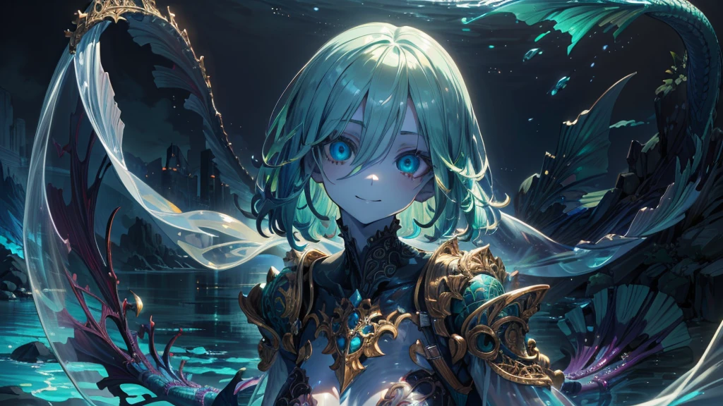 Beautiful mermaid girl, (Translucent skin:1.2), No humans, Blue-green hair, Partially fused exoskeleton, Beautiful symmetrical eyes, (Intricate details:1.4), (Very detailed face and eyes:1.2), Slim figure, Smiling and swimming, anime, Fantasy, Detailed Background, 2D, CG, (Very detailed), (High resolution), (Highest quality), (masterpiece) Cute Monster