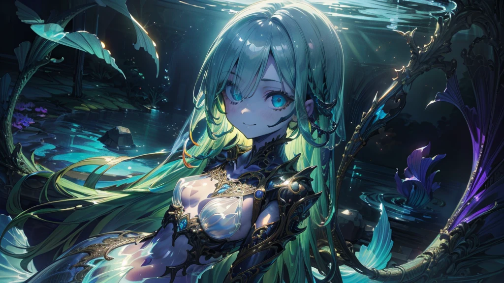 Beautiful mermaid girl, (Translucent skin:1.2), No humans, Blue-green hair, Partially fused exoskeleton, Beautiful symmetrical eyes, (Intricate details:1.4), (Very detailed face and eyes:1.2), Slim figure, Smiling and swimming, anime, Fantasy, Detailed Background, 2D, CG, (Very detailed), (High resolution), (Highest quality), (masterpiece) Cute Monster