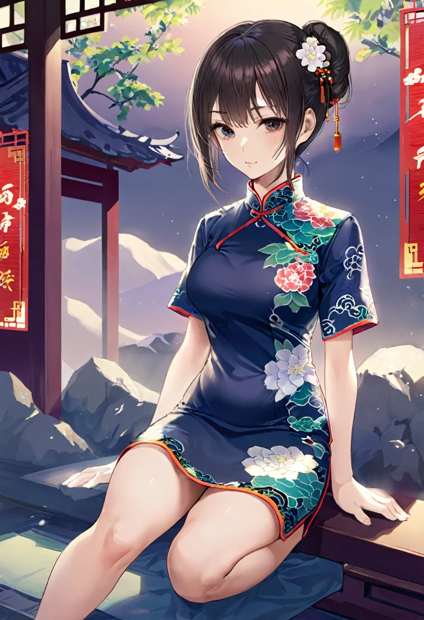 High resolution , good lighting, Negligible,  (((cheongsam of the east))),(socks),beautiful face, I&#39;I&#39;m embarrassed and blushing, humiliating, ((transparent)),transparent. Girl with long hair, black in color, blue colored eyes. with big breasts, slim with hips and ass, no belly.
