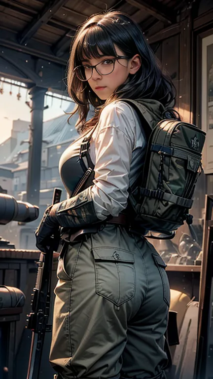 alone,one girl,outdoor,cityscape,(cowboy shot:1.2),are standing,luani 0308,armor,assault rifle,camouflage,helmet,have a weapon,l...