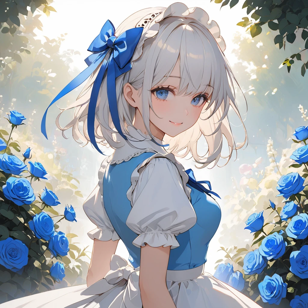 (masterpiece),(highly detailed CG,ultra-detailliert,best Shadow:1.3),(perfect anatomy),(beautiful and luxurious:1.2),(alice in the wonderland),Standing in a garden full of blue roses,(1 girl),(solo),((arms behind back)),(Beautiful silky white hair:1.2),blue ribbon on head,blue and white lolita fashion,Beautiful and extra detailed face,flat colors,limited pallete,low contrast,the best lighting,shy smile,cowboy shot