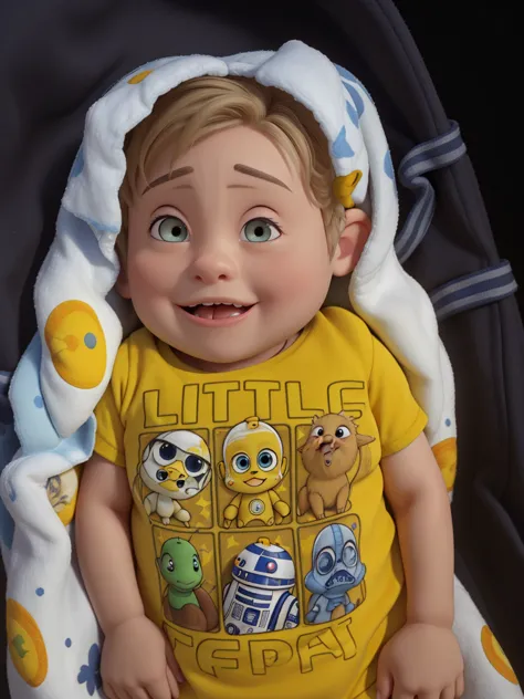 a 3 month old baby with blue eyes, blond short hair, a mustard colored short sleeved shirt with a star wars drawing lying on a w...