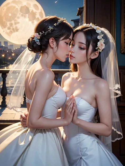 (masterpiece, highest quality, official art, beauty and aesthetic:1.5), perfect anatomy, perfect hands, two stunning bride is de...