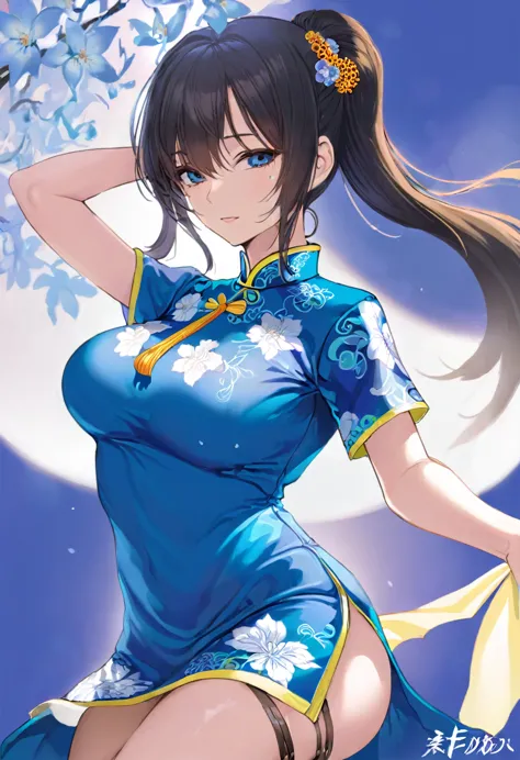 nfsw high resolution, adult woman , good lighting, negligible, , (no nudity), (((bright blue cheongsam))), (()), ((())), (garter...