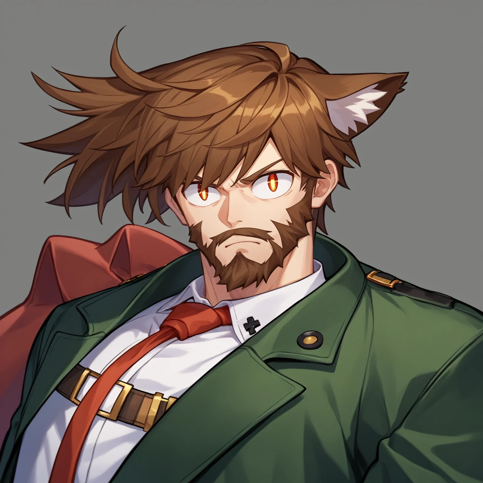 score_9, score_8_up, score_7_up, score_6_up, score_5_up, score_4_up, BREAK, solo, necoarc, lit pupils, cat ears, chibi, :3, Slayer from Guilty Gear as necoarc, 1man, greenish-brown suit and red tie, brown hair, beard, monocol, Guilty Gear Strive, fighting game character, official character art, guilty gear strive splash art, monocol, solo, simple background, looking at viewer,