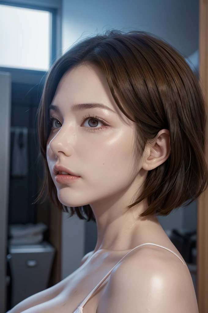 Ae june, realistic, age 28, pure white skin, brown eyes, brown bob hair, perfect face, perfect shape body, extra large stif breasts, 3d, front side pose