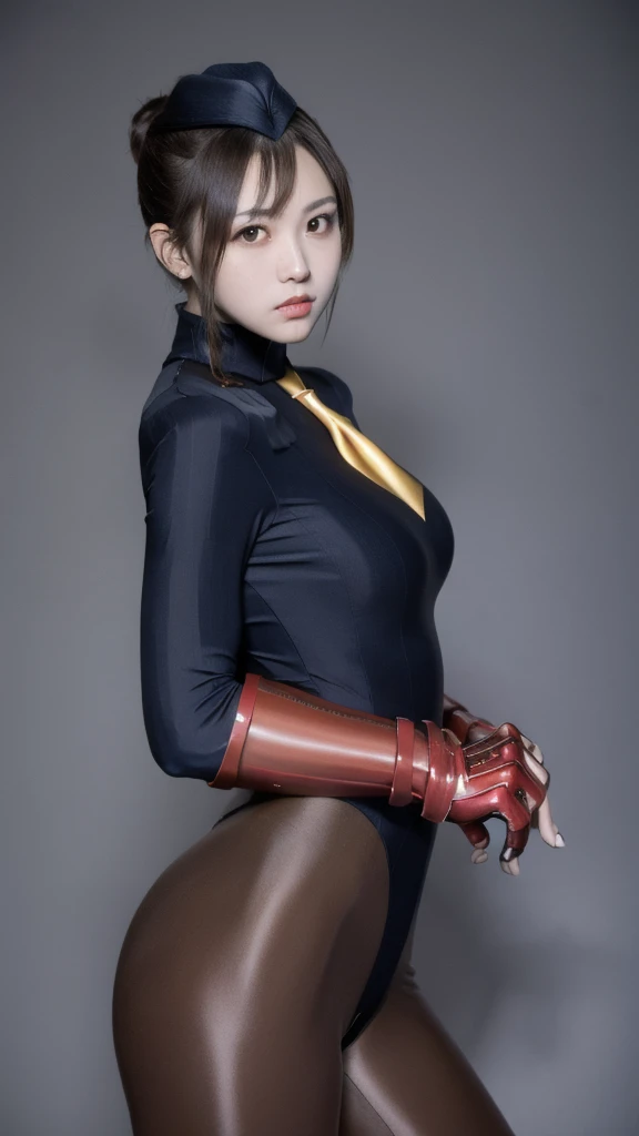 masterpiece, best quality, sfJuli, black eyes, brown hair, hat, yellow necktie, red gloves, navy ribbed bodysuit, large breasts,  emotionless, looking at viewer,  ((Wide-angle lens)),（japanese girls）,epic realistic,8K,masterpiece, highest quality, Very detailed,（Teenager:1.5）, （ glossy skin,:1.2）,(Surrealism),8K,masterpiece, Highest quality, Very detailed,（real pantyhose:1.2）,slender body,Bodyline,（wearing riding boots）,（white Background:1.2）,
Super tight costume,bangs、
(Highest quality:1.3),
RAW Photos,,
High resolution, 
Perfect detail, 
Professional photography, 
Professional Lighting,
Powerful lighting for costumes,attractive whole body image、Cinema Lighting、Ray Tracing、Wear a tight-fitting bodysuit、Simple Background、15 year old girls、Spandex Bodysuit、whole body、Spandex Costume,Clothes with a shiny texture,