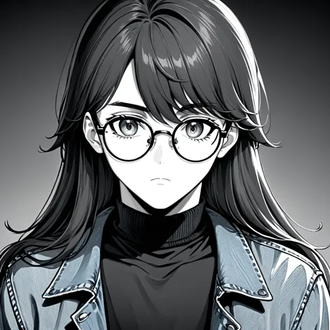 line art, manga style, draw, art, handsome boy, bitch face, circle glasses, lazy eyes, empty eyes, long hair, looking at viewer,...