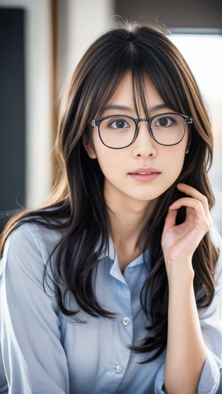 (In 8K、RAW Photos、Highest quality、Realistic、Realistic, Looking into the camera, The light shines on your face, Gray background, Upper Body Shot),  28-year-old woman living in Japan、Long Hair, Black Hair, Slim face contour:1.5, (Thin eyebrows:1.05), big, Bright Eyes, Thick lips, Active Impression, (Suit over shirt), Small breasts:2.0、Glasses、