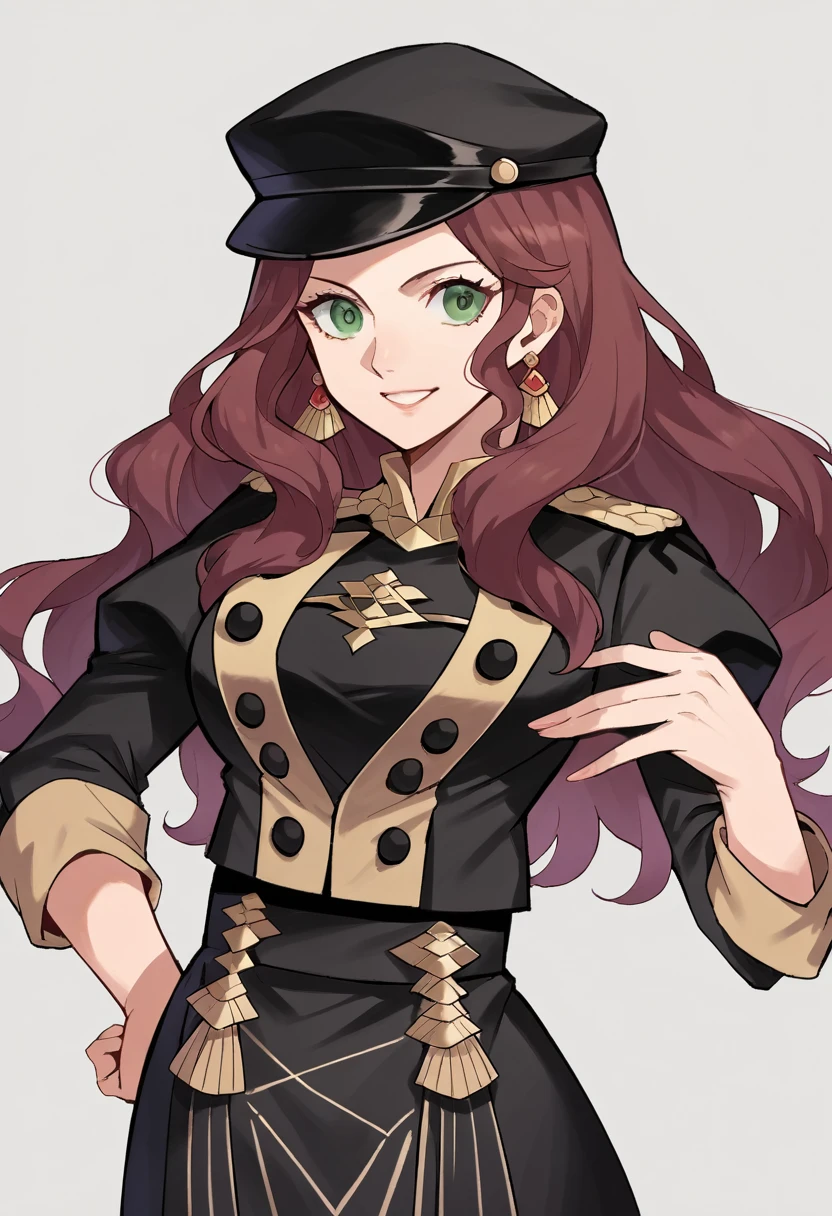 score_9, score_8_up, score_7_up, source_anime, Dorothea (Fire Emblem), black headwear, black skirt, belt, (black uniform), brown hair, dangle earrings, gold trim, green eyes, (smile), jewelry, large breasts, long hair, black peaked cap, black hat