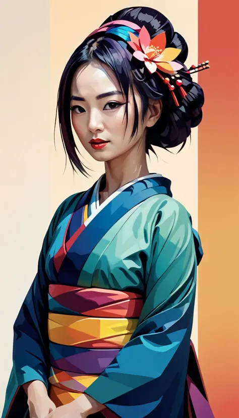 a minimalist design with a vintage touch, wpap style, wpap,featuring a cool, stylish geisha silhouette in faded, awesome and bri...