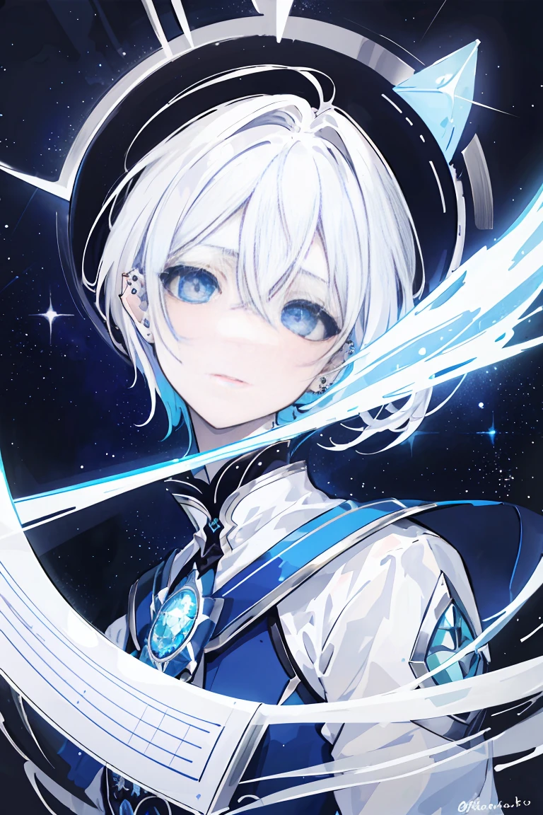 Name: Kaito Stellevan Element: STELLARA Description: A reclusive yet brilliant celestial mage, known for his uncanny ability to manipulate the stars. With piercing azure eyes and silver-white hair, Kaito is a living enigma in the realm of Umbranox. Prompt: ((((Obra maestra, La mejor calidad, ultrahigh resolution)))), 1boy, contemplative, sitting, (silver-white hair), ((eye:1, right_eye:0.5)), short hair cut, pale skin, ((piercing azure eyes)), ((glowing_eyes)), (((ultra detailed eyes:0.6, beautiful and detailed face, detailed eyes:0.9))), ((centered)), (close up, indoor), facing viewer, (((starry night sky, magical aura:0.9))), medium build, looking at a star map, ((introspective, pensive)), ((perfectly groomed)), (((head:1))), serene eyes, beautiful lighting, indoor, ((defined subject)), 21 years old, (head tilt) , (((high contrast, vibrant colors))) full body