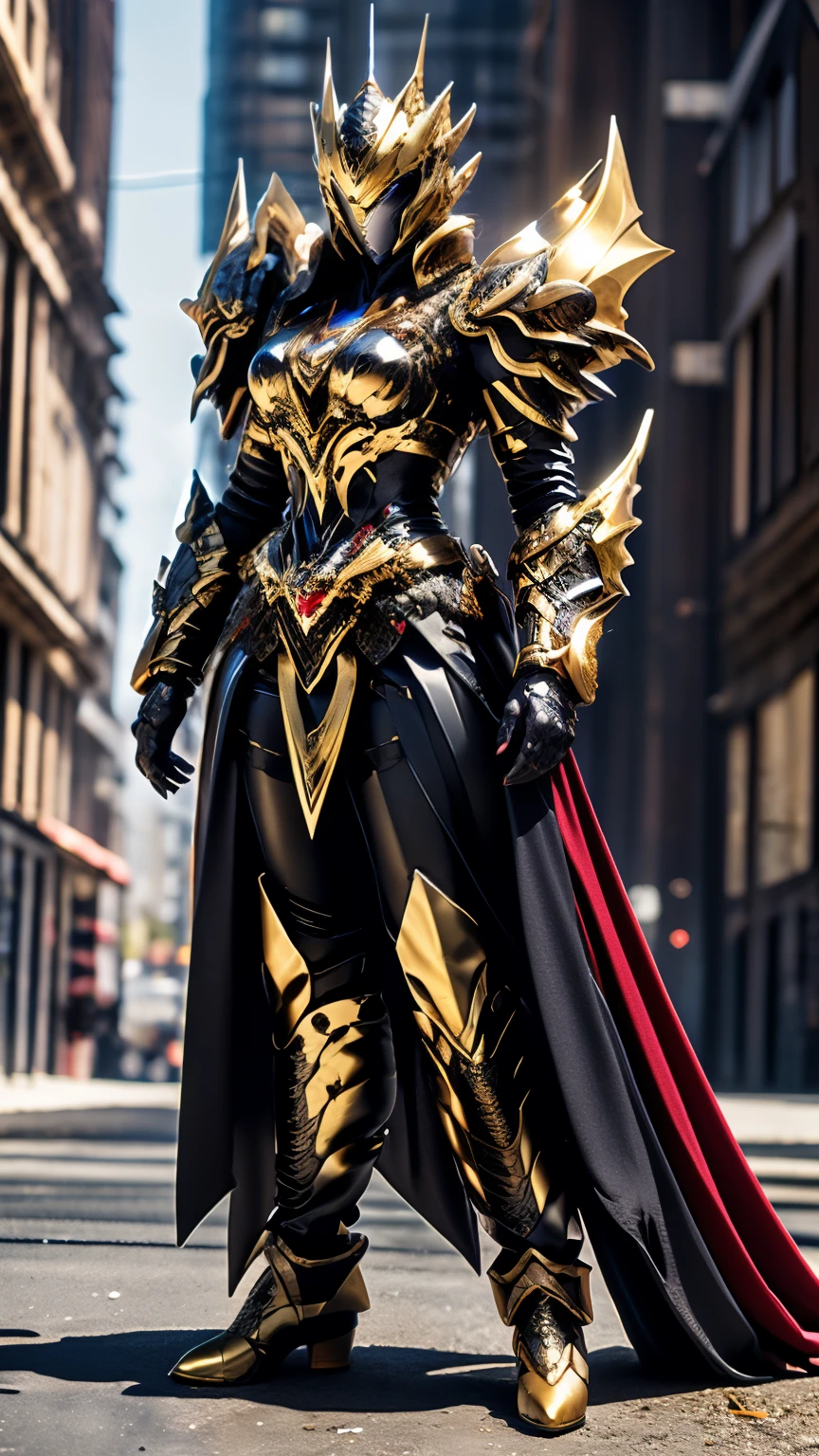 A woman adorned in fantasy-style full-body armor, a crown-concept fully enclosed helmet that unveils only her eyes, a composite layered chest plate, fully encompassing shoulder and hand guards, a lightweight waist armor, form-fitting shin guards, the overall design is heavy-duty yet flexible, ((the armor gleams with a golden glow, complemented by red and blue accents)), exhibiting a noble aura, she floats above the Futuristic city, this character embodies a finely crafted fantasy-surreal style armored hero in anime style, exquisite and mature manga art style, (Dragon concept Armor, photorealistic:1.4, real texture material:1.2), ((city night view, elegant, goddess, femminine:1.5)), metallic, high definition, best quality, highres, ultra-detailed, ultra-fine painting, extremely delicate, professional, anatomically correct, symmetrical face, extremely detailed eyes and face, high quality eyes, creativity, RAW photo, UHD, 32k, Natural light, cinematic lighting, masterpiece-anatomy-perfect, masterpiece:1.5