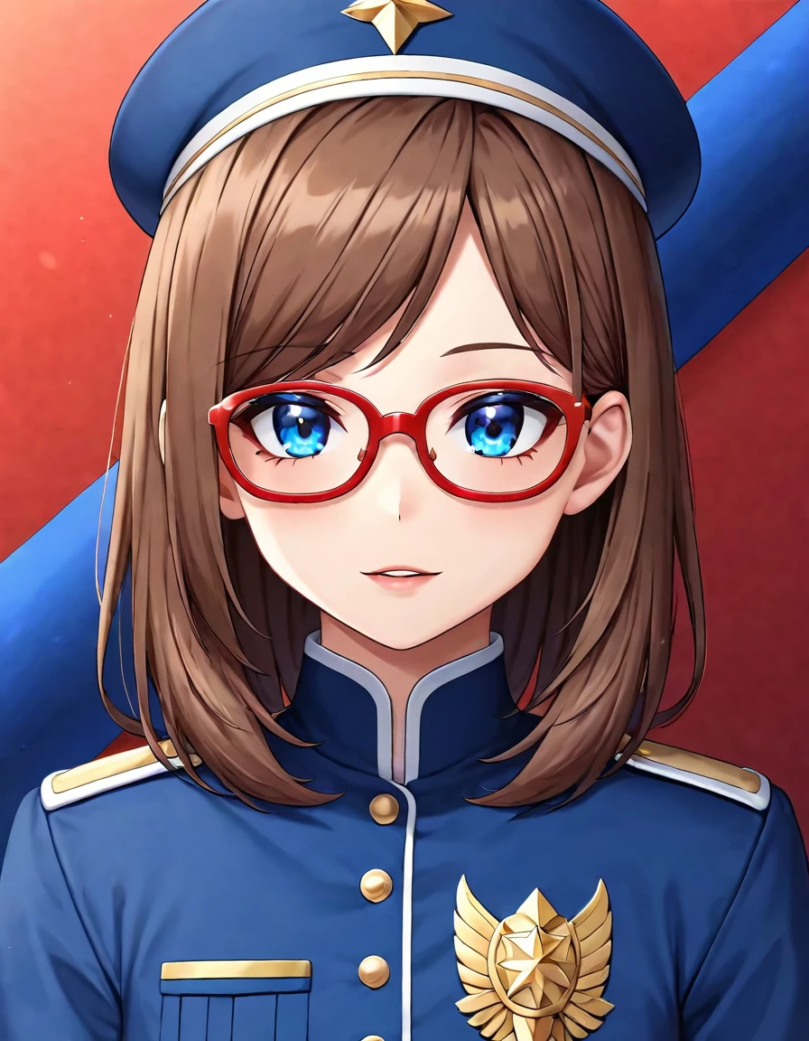 (masterpiece, best quality, very aesthetic, ultra detailed), intricate details,short brown / brunette haired, blue eyes, red frame glasses, kif uni blue uniform
