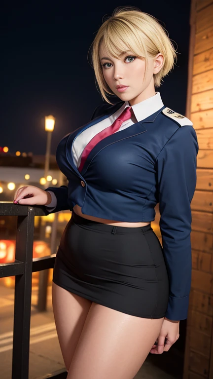 (masterpiece:1.2, Highest quality), Beautiful mature woman with a beautiful face，((45-year-old woman，Veteran Cabin Attendant)), ((Tight blue uniform 1.4)), ((White tight mini skirt 1.4)，((Shiny skin 1.3))，((Blonde short hair 1.8))，flight attendant, (Thighs), Perfect hands, (((Downtown background at night))), , Providing safety instructions, Responding to emergencies, bangs,