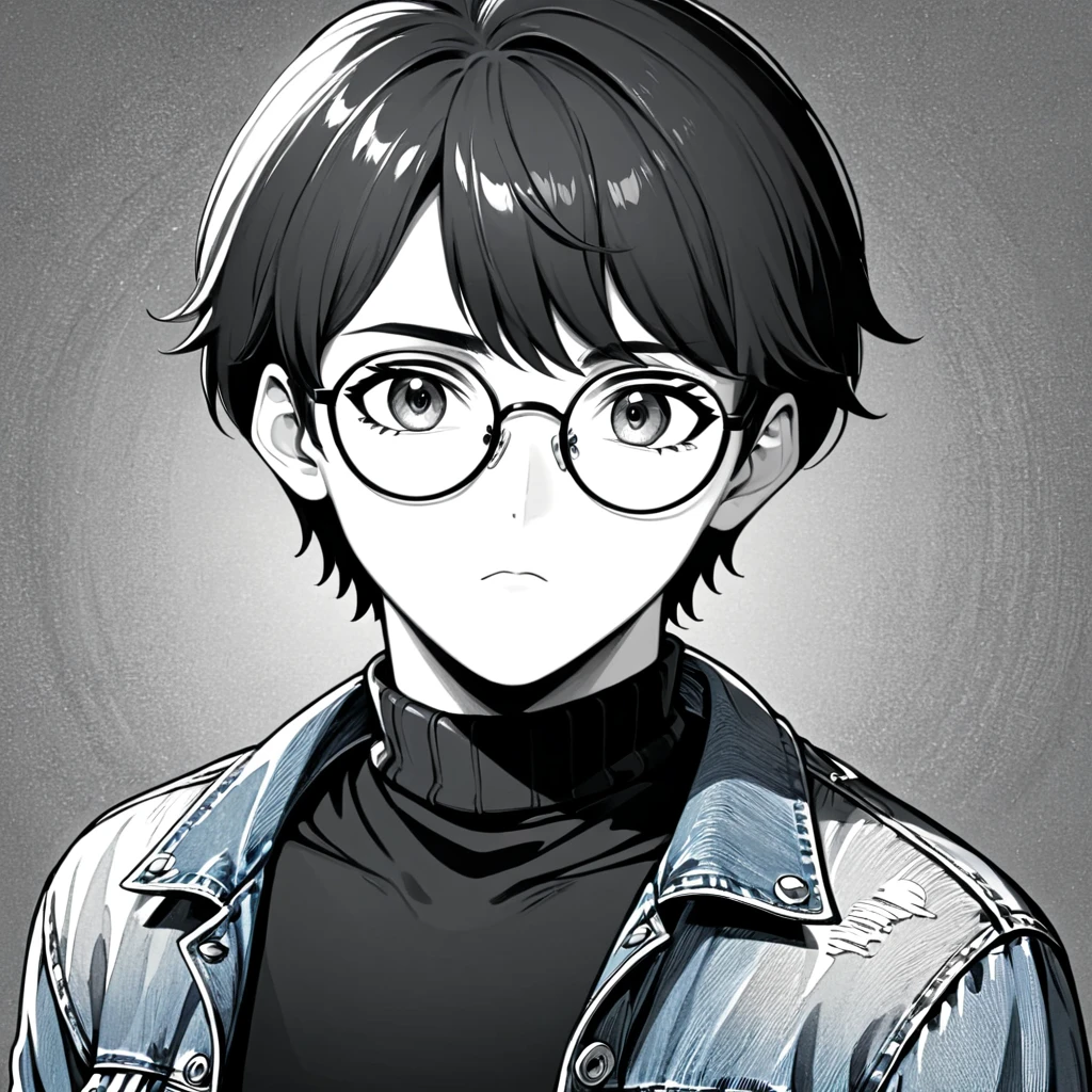 Line art, Manga style, draw, art, handsome boy, bitch face, circle glasses, lazy eyes, empty eyes, short hair, looking at viewer, denim jacket, black turtleneck, upper body.