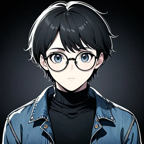 line art, manga style, draw, art, handsome boy, bitch face, circle glasses, lazy eyes, empty eyes, short hair, looking at viewer...