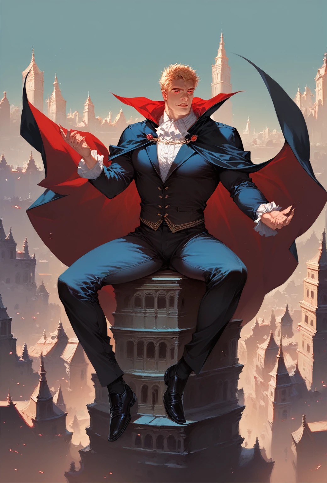 muscular mature man, confident face, detailed face, detailed body, short hair, realistic, manly face, full body, open legs, blonde hair, red eyes, vampire, black cape, hallowen background, perched on building, city