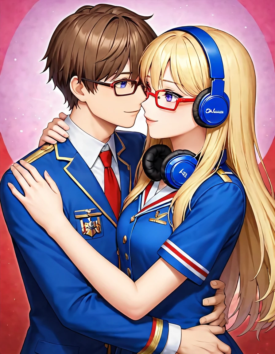 (masterpiece, best quality, very aesthetic, ultra detailed), 1 girl,intricate details,short brown / brunette haired, blue eyes, red frame glasses, kif uni blue uniform, 1guy, shaggy brownish/blonde hair, purple eyes, headphones around neck, soft features, Blue university uniform, hugging girl  
