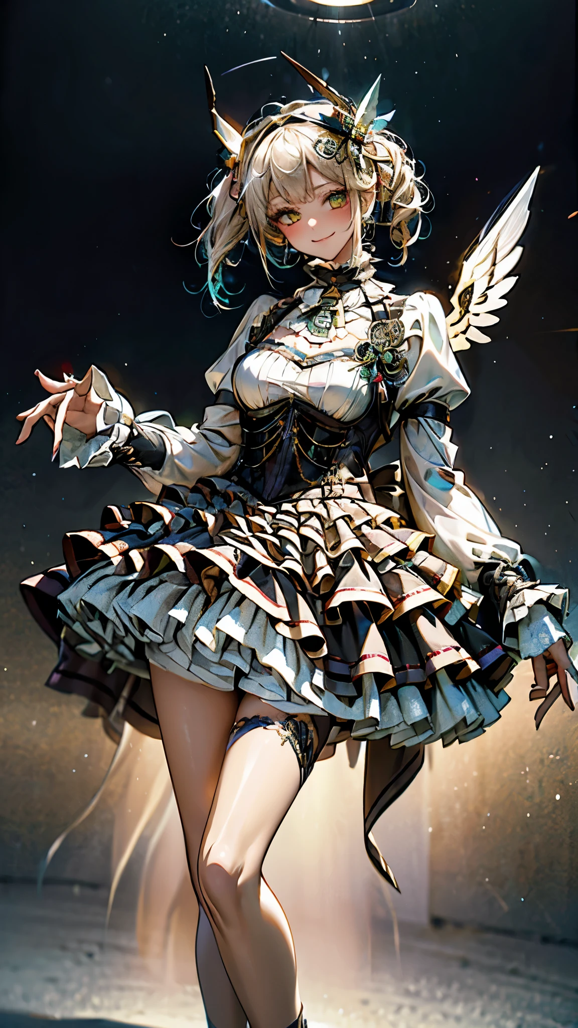 Cyborg, Girl, Beautiful girl, Cute, Sexy, Strong, Slender, Delicate, Smile, (Lolita costume), High legs, Metallic, ultra color, paisley, Headgear, mandalas, Near future, Heaven, angel, feater, wing, Helix lamp