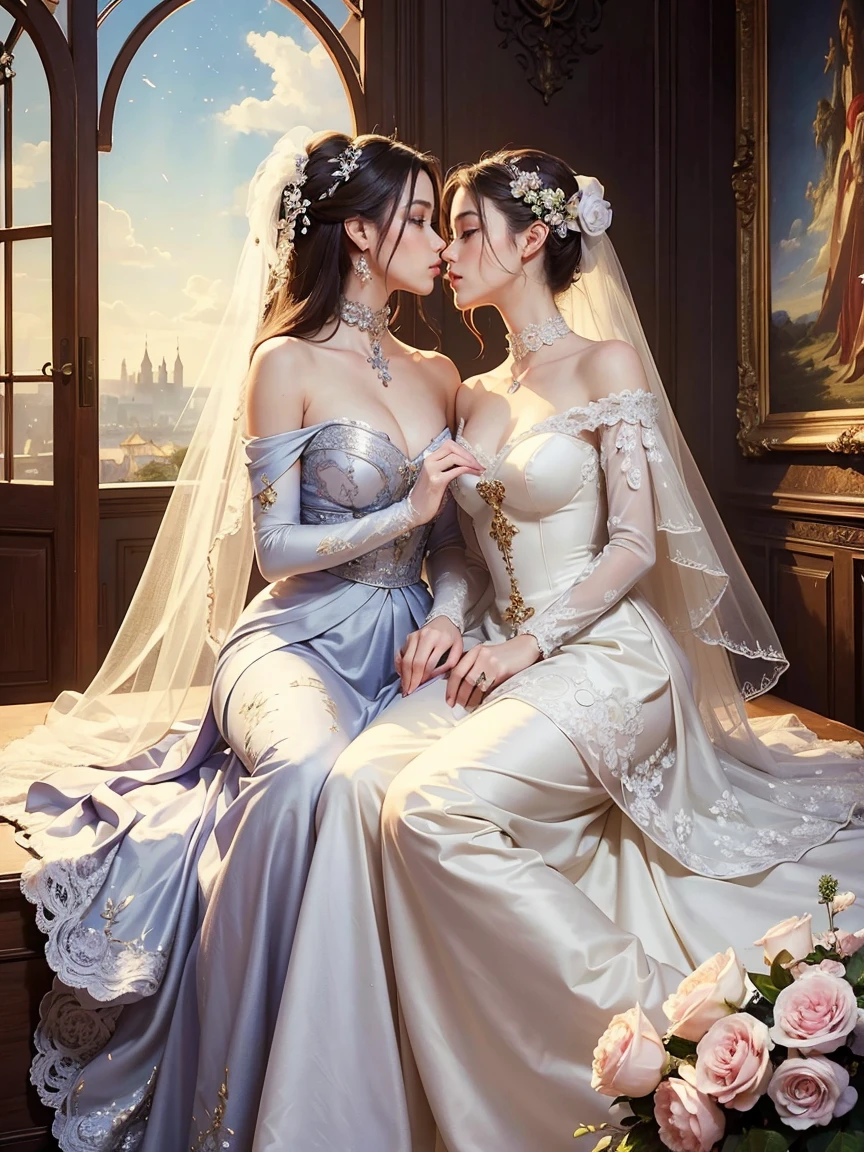 (masterpiece, highest quality, official art, beauty and aesthetic:1.5), perfect anatomy, perfect hands, two stunning bride is deeply in love with each other, kiss, romantic atmosphere, flower and moon, magnificent panorama view