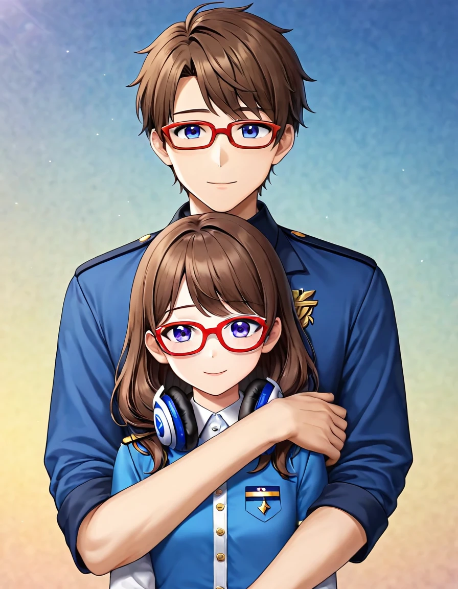 (masterpiece, best quality, very aesthetic, ultra detailed), 1 girl,intricate details,short brown / brunette haired, blue eyes, red frame glasses, kif uni blue uniform, 1guy, shaggy brownish hair, purple eyes, headphones around neck, soft features, Blue university uniform, hugging girl 
