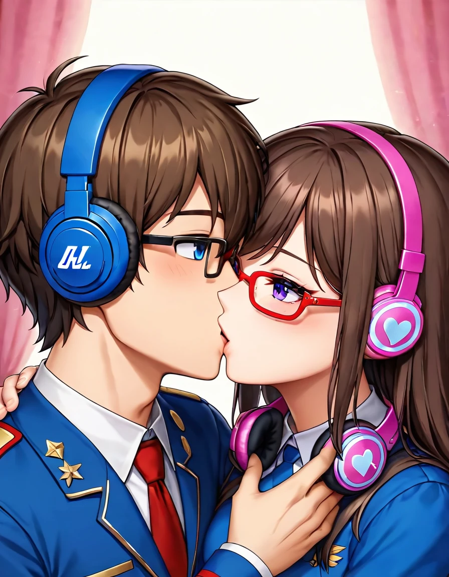 (masterpiece, best quality, very aesthetic, ultra detailed), 1 girl,intricate details,short brown / brunette haired, blue eyes, red frame glasses, kif uni blue uniform, 1guy, shaggy brownish hair, purple eyes, headphones around neck, soft features, Blue university uniform, kissing girl 
