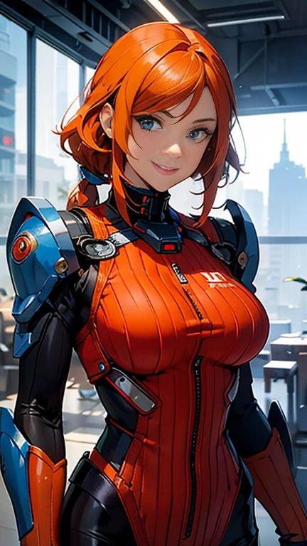 masterpiece, Highest quality, SF Juni, Orange Hair, blue eyes, Have, tie, Red gloves, ribbed bodysuit, Large Breasts, Upper Body, smile, View your viewers, indoor, Futuristic Building 