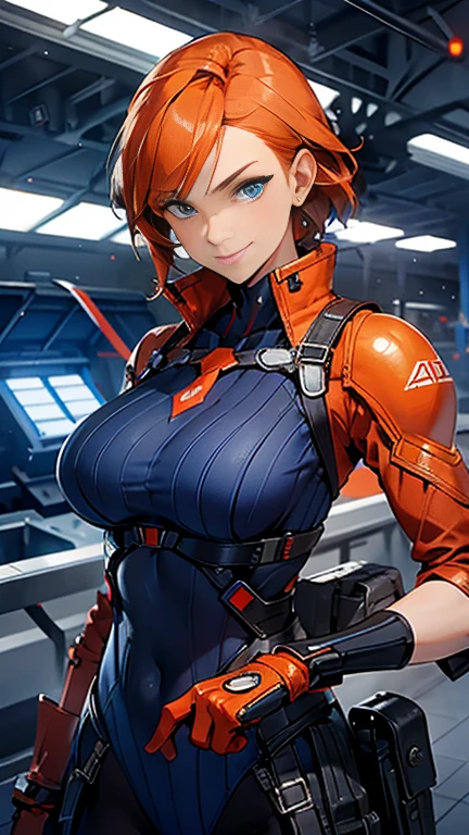 masterpiece, Highest quality, SF Juni, Orange Hair, blue eyes, Have, tie, Red gloves, ribbed bodysuit, Large Breasts, Upper Body, smile, View your viewers, indoor, Futuristic Building 