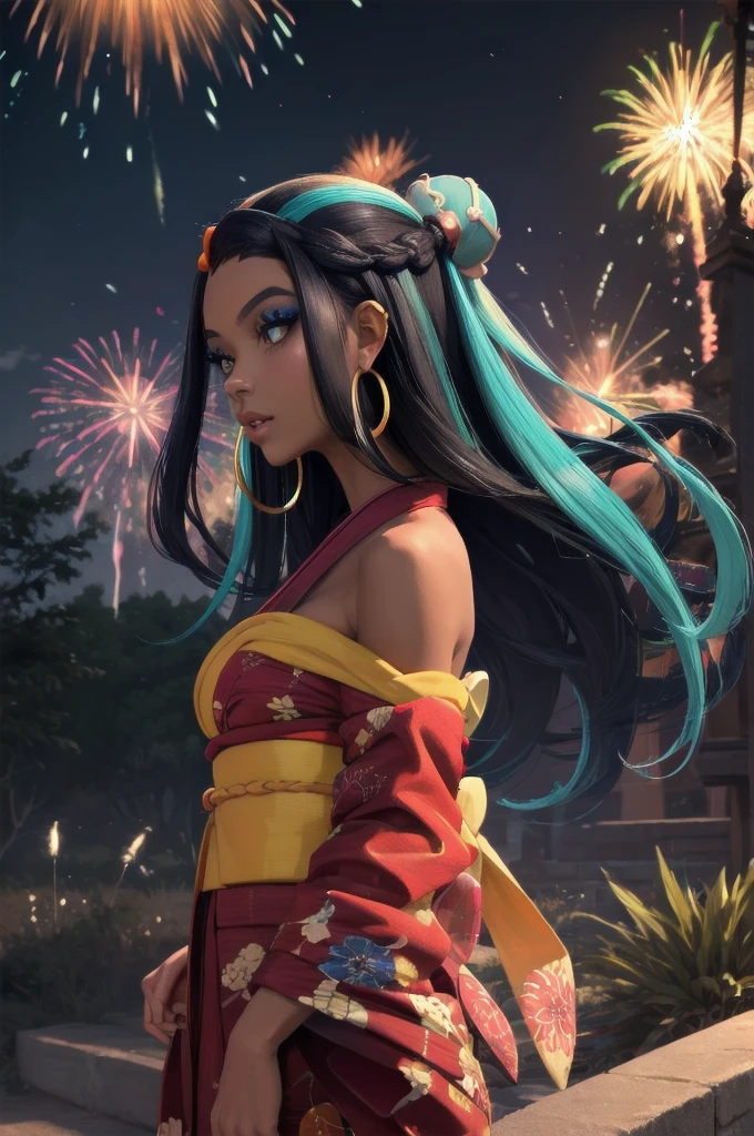 masterpiece, best quality, solo, 1girl, nessarnd, dark skin, makeup, single hair bun, kimono, hoop earrings, bare shoulders, fireworks 