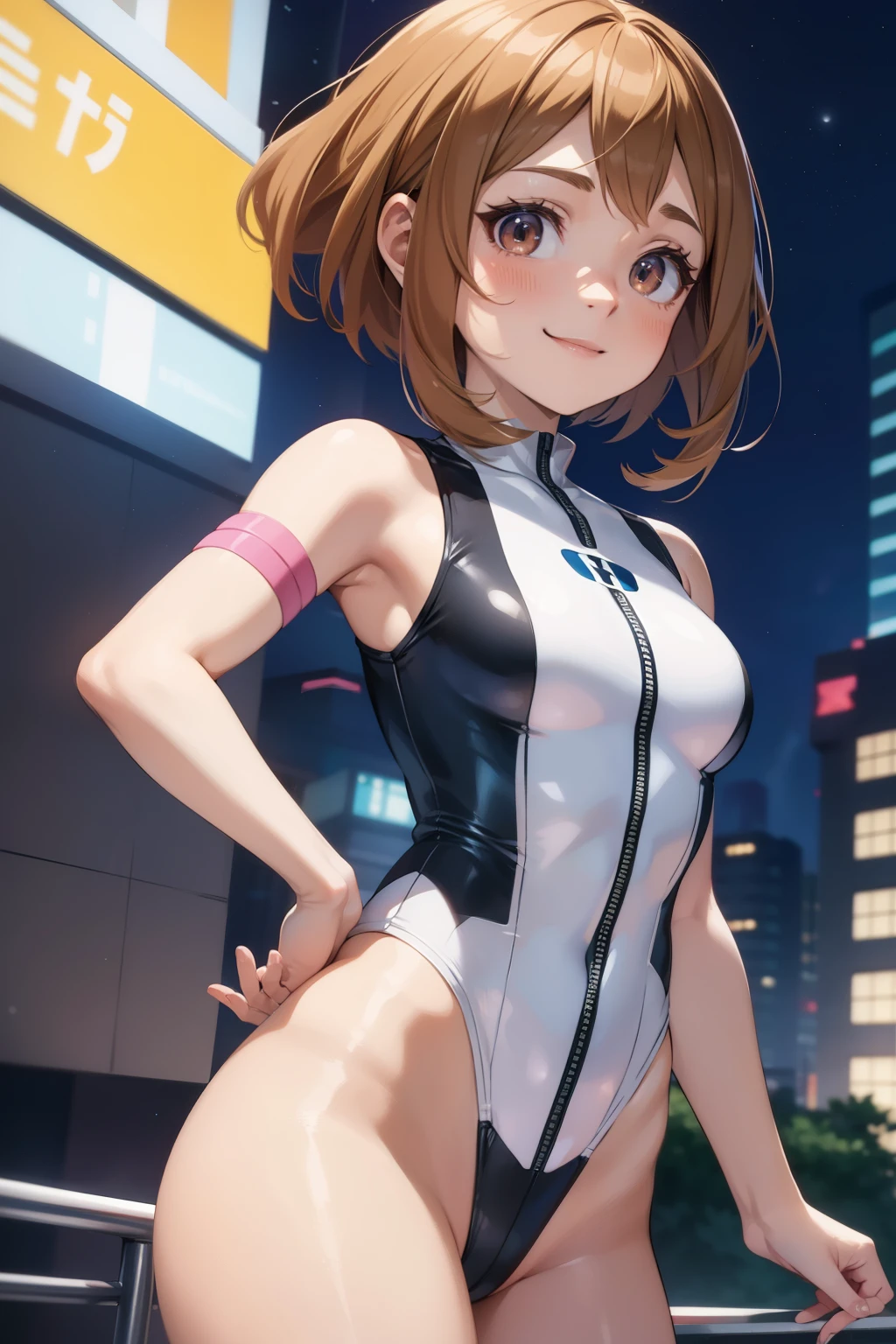 Ochaco Uraraka  ,1girl , anime , masterpiece  ,  smug smile ,short hair, hero uniforme  leotard  ,uravity  , medium  breasts , coxas , night  city, sexy 