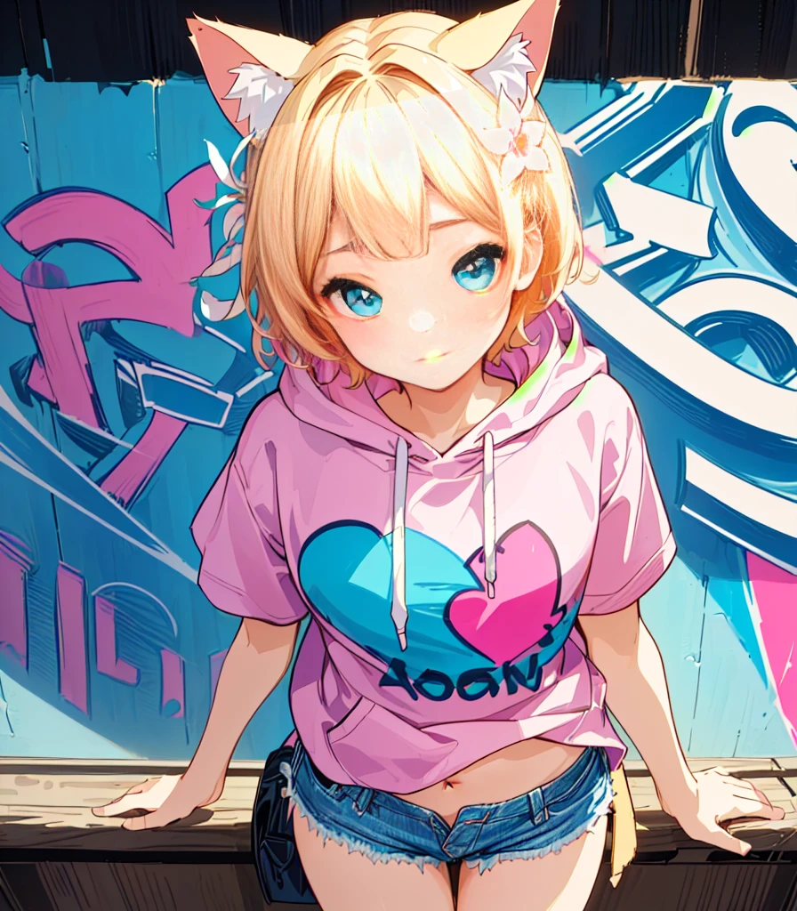 (Highest quality, 4K, High resolution, masterpiece:1.2), Fisheye Lens:1.3，Flat Chest、Very detailed, One person, girl，Very short stature，Very thin thighs，(Ｊc , Pink short sleeve hoodie, Denim shorts), Turquoise Eyes、Blonde Hair、Short Hair、Cat ears of the same color as the hair、Belly button、Big white flower hair ornament、Flat Chest、Graffiti Comics,　Beautiful attention to detail, Baby Face，Beautiful lip detail, Long eyelashes, Vivid and vibrant color palette, bold typography, Detailed illustration of a heart symbol, Comic book style shading, Spray Paint Effect, cartoon elements, Heart Illustration, A bridge pier with colorful letters and illustrations, Urban Background.