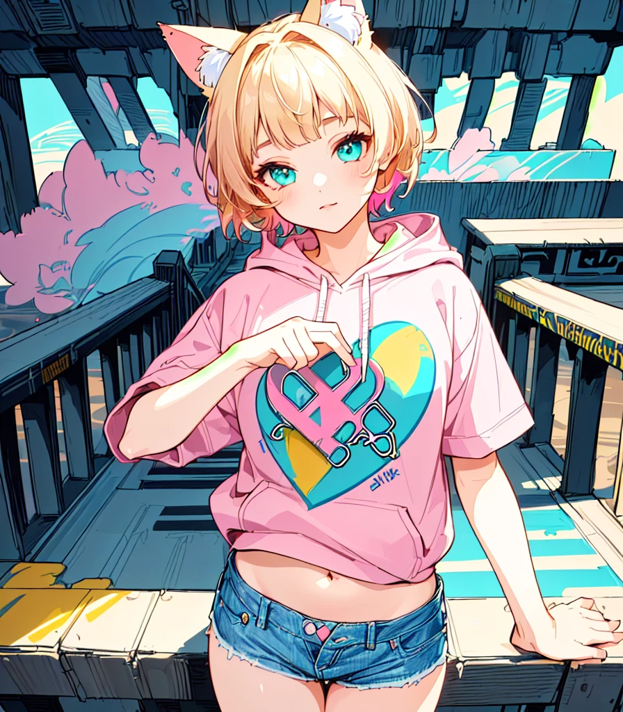 (Highest quality, 4K, High resolution, masterpiece:1.2), Fisheye Lens:1.3，Flat Chest、Very detailed, One person, girl，Very short stature，Very thin thighs，(Ｊc , Pink short sleeve hoodie, Denim shorts), Turquoise Eyes、Blonde Hair、Short Hair、Cat ears of the same color as the hair、Belly button、Big white flower hair ornament、Flat Chest、Graffiti Comics,　Beautiful attention to detail, Baby Face，Beautiful lip detail, Long eyelashes, Vivid and vibrant color palette, bold typography, Detailed illustration of a heart symbol, Comic book style shading, Spray Paint Effect, cartoon elements, Heart Illustration, A bridge pier with colorful letters and illustrations, Urban Background.