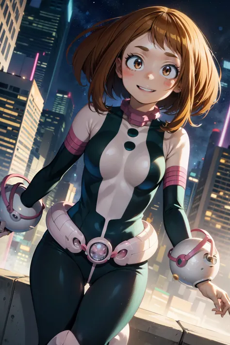 ochaco uraraka  ,1girl , anime , masterpiece  ,  smug smile ,short hair, hero uniforme  leotard fio-dental sexy , coxas ,uravity...