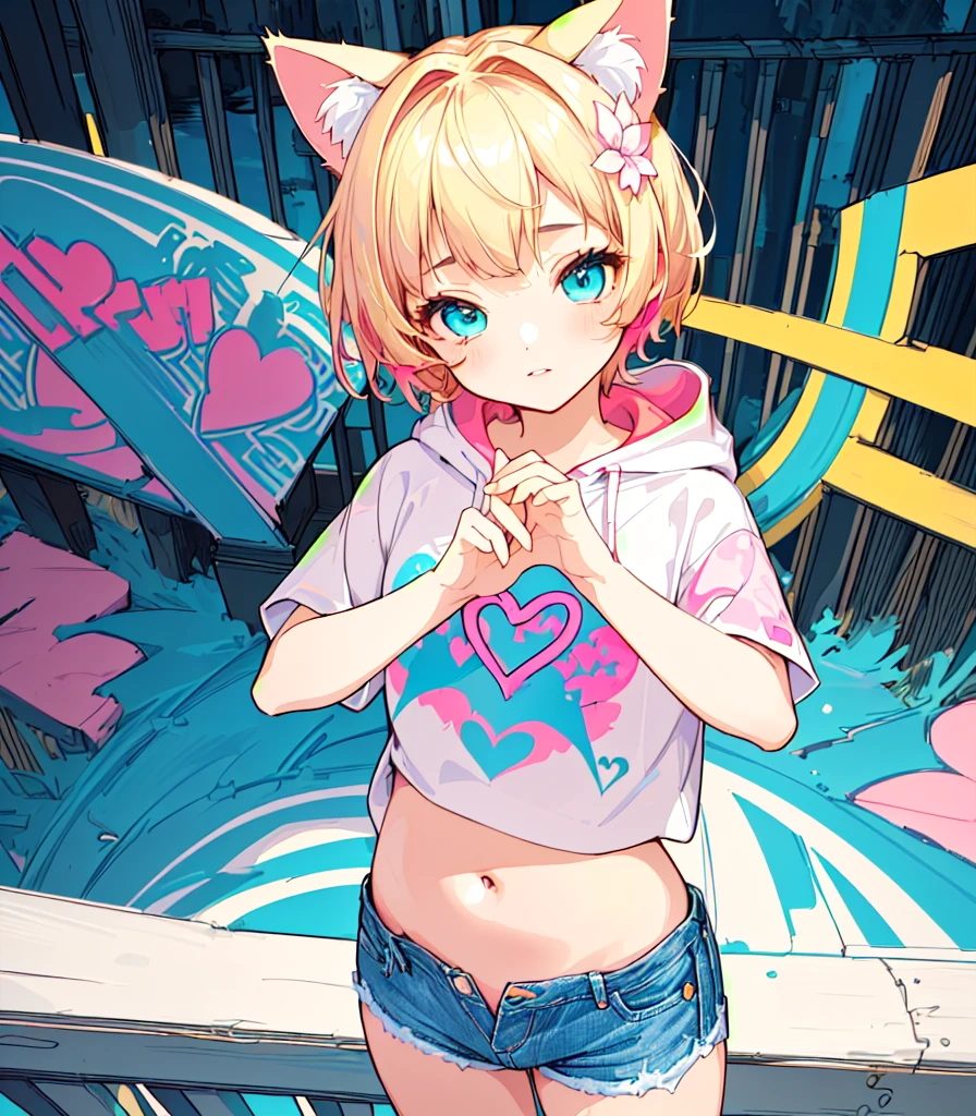 (Highest quality, 4K, High resolution, masterpiece:1.2), Fisheye Lens:1.3，Flat Chest、Very detailed, One person, girl，Very short stature，Very thin thighs，(Ｊc , Pink short sleeve hoodie, Denim shorts), Turquoise Eyes、Blonde Hair、Short Hair、Cat ears of the same color as the hair、Belly button、Big white flower hair ornament、Flat Chest、Graffiti Comics,　Beautiful attention to detail, Baby Face，Beautiful lip detail, Long eyelashes, Vivid and vibrant color palette, bold typography, Detailed illustration of a heart symbol, Comic book style shading, Spray Paint Effect, cartoon elements, Heart Illustration, A bridge pier with colorful letters and illustrations, Urban Background.