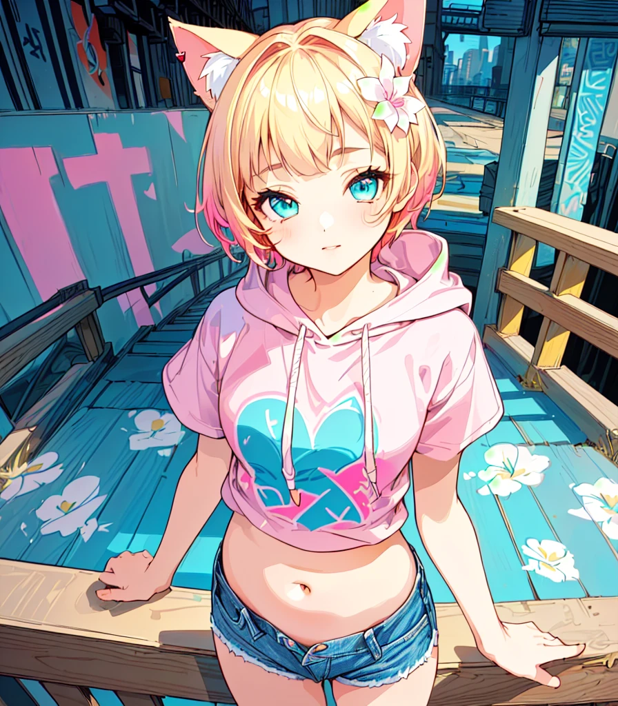 (Highest quality, 4K, High resolution, masterpiece:1.2), Fisheye Lens:1.3，Flat Chest、Very detailed, One person, girl，Very short stature，Very thin thighs，(Ｊc , Pink short sleeve hoodie, Denim shorts), Turquoise Eyes、Blonde Hair、Short Hair、Cat ears of the same color as the hair、Belly button、Big white flower hair ornament、Flat Chest、Graffiti Comics,　Beautiful attention to detail, Baby Face，Beautiful lip detail, Long eyelashes, Vivid and vibrant color palette, bold typography, Detailed illustration of a heart symbol, Comic book style shading, Spray Paint Effect, cartoon elements, Heart Illustration, A bridge pier with colorful letters and illustrations, Urban Background.