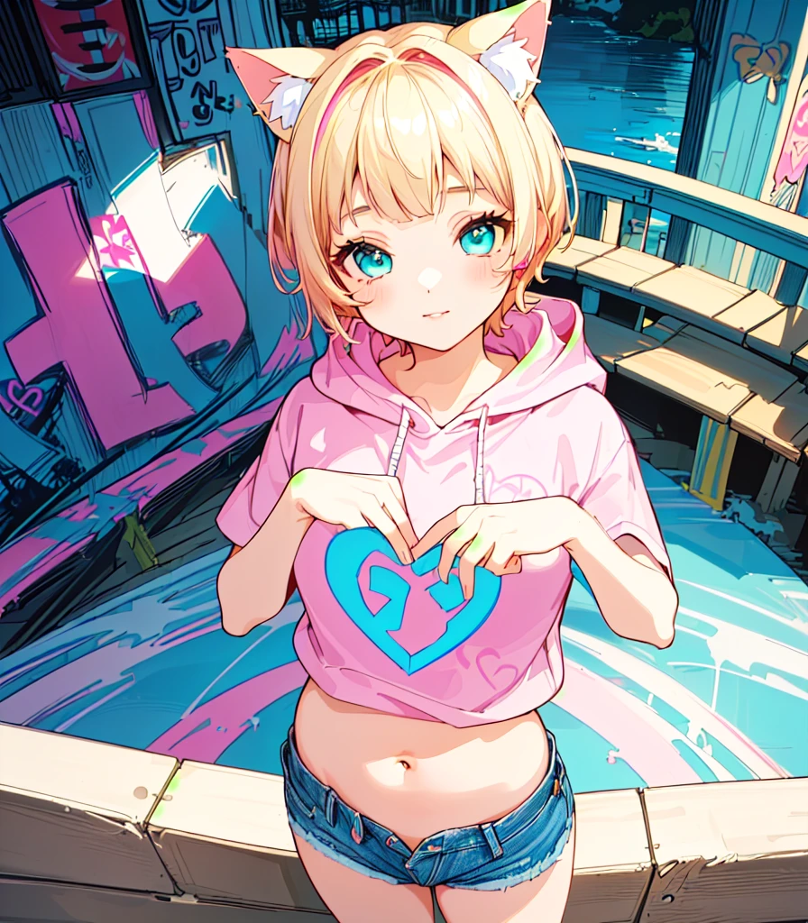 (Highest quality, 4K, High resolution, masterpiece:1.2), Fisheye Lens:1.3，Flat Chest、Very detailed, One person, girl，Very short stature，Very thin thighs，(Ｊc , Pink short sleeve hoodie, Denim shorts), Turquoise Eyes、Blonde Hair、Short Hair、Cat ears of the same color as the hair、Belly button、Big white flower hair ornament、Flat Chest、Graffiti Comics,　Beautiful attention to detail, Baby Face，Beautiful lip detail, Long eyelashes, Vivid and vibrant color palette, bold typography, Detailed illustration of a heart symbol, Comic book style shading, Spray Paint Effect, cartoon elements, Heart Illustration, A bridge pier with colorful letters and illustrations, Urban Background.