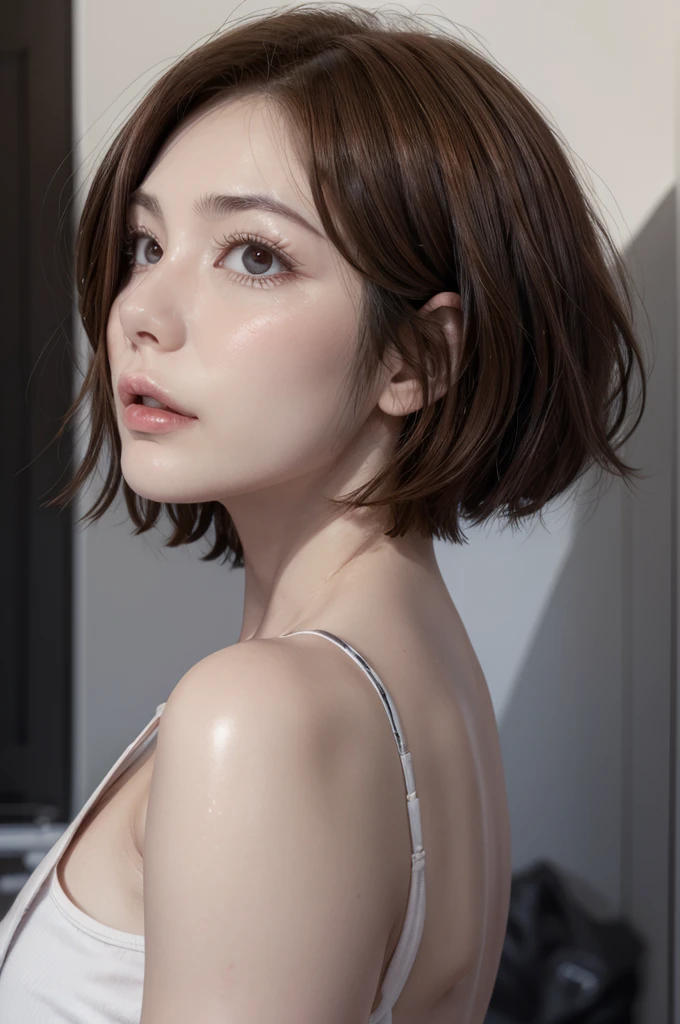 Ae june, realistic, age 28, pure white skin, brown eyes, brown bob hair, perfect face, perfect shape body, extra large stif breasts, 3d, front side pose