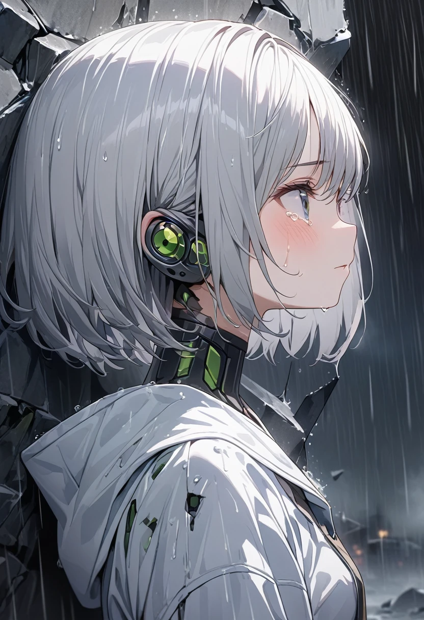 (8k, Highest quality)、Ultra-high resolution、Adorable、Highest quality, beautiful, Absurd beauty、masterpiece、Best image quality、Rainy old background,Broken Android,A sad and poignant piece,Grey World,An android girl who continues to believe even after being abandoned by humans.close,Look up at the sky,profile,short hair,cute,The rain hits my face and looks like tears