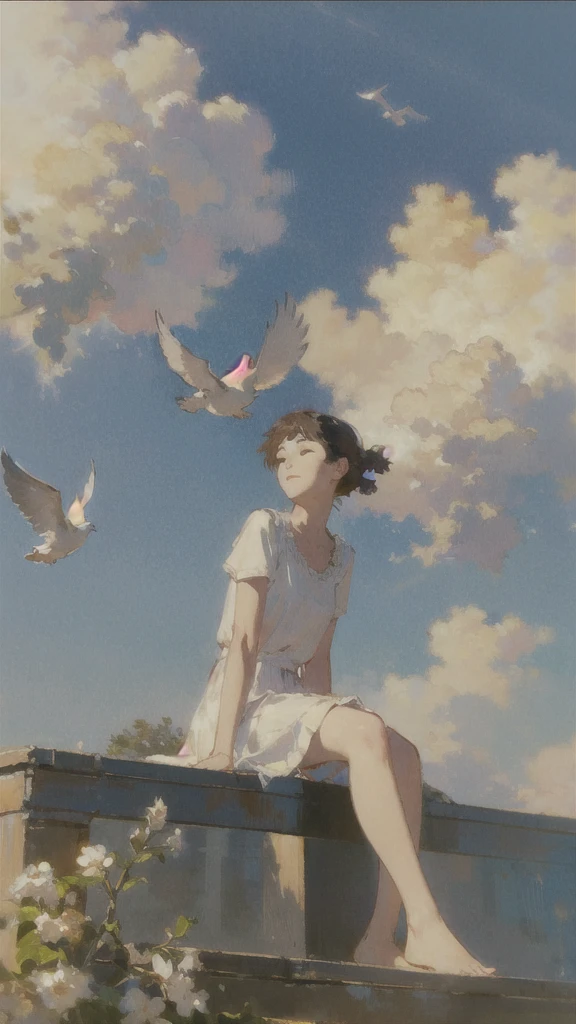 (1girl sitting on stairway to heaven), above the clouds, seas of clouds, ascending, ethereal, peaceful, graceful, innocent, hopeful, pure, dove,
post-impressionist, impressionism,