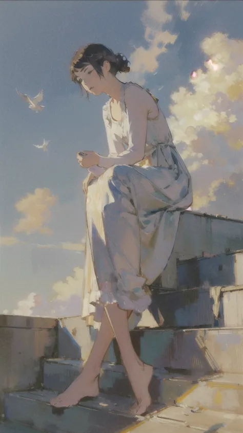 (1girl sitting on stairway to heaven), above the clouds, seas of clouds, ascending, ethereal, peaceful, graceful, innocent, hope...