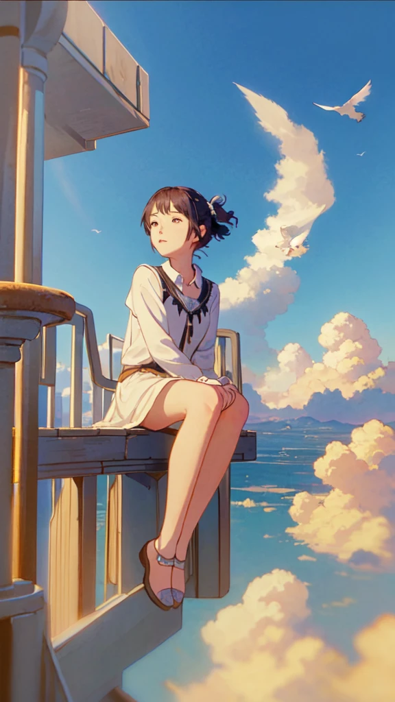 (1girl sitting on stairway to heaven), above the clouds, seas of clouds, ascending, ethereal, peaceful, graceful, innocent, hopeful, pure, dove,
post-impressionist, impressionism,