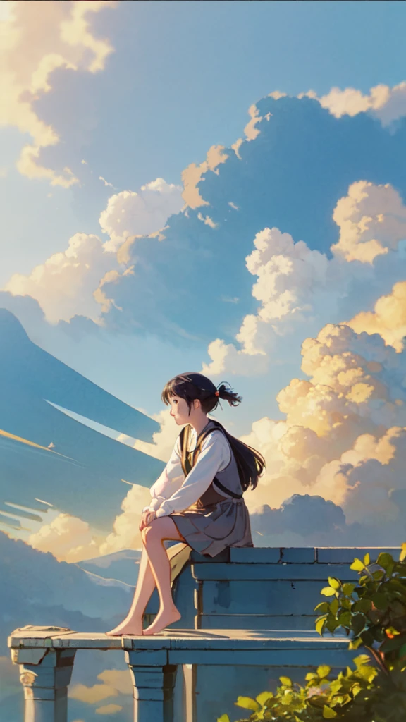 (1girl sitting on stairway to heaven), above the clouds, seas of clouds, ascending, ethereal, peaceful, graceful, innocent, hopeful, pure, dove,
post-impressionist, impressionism,